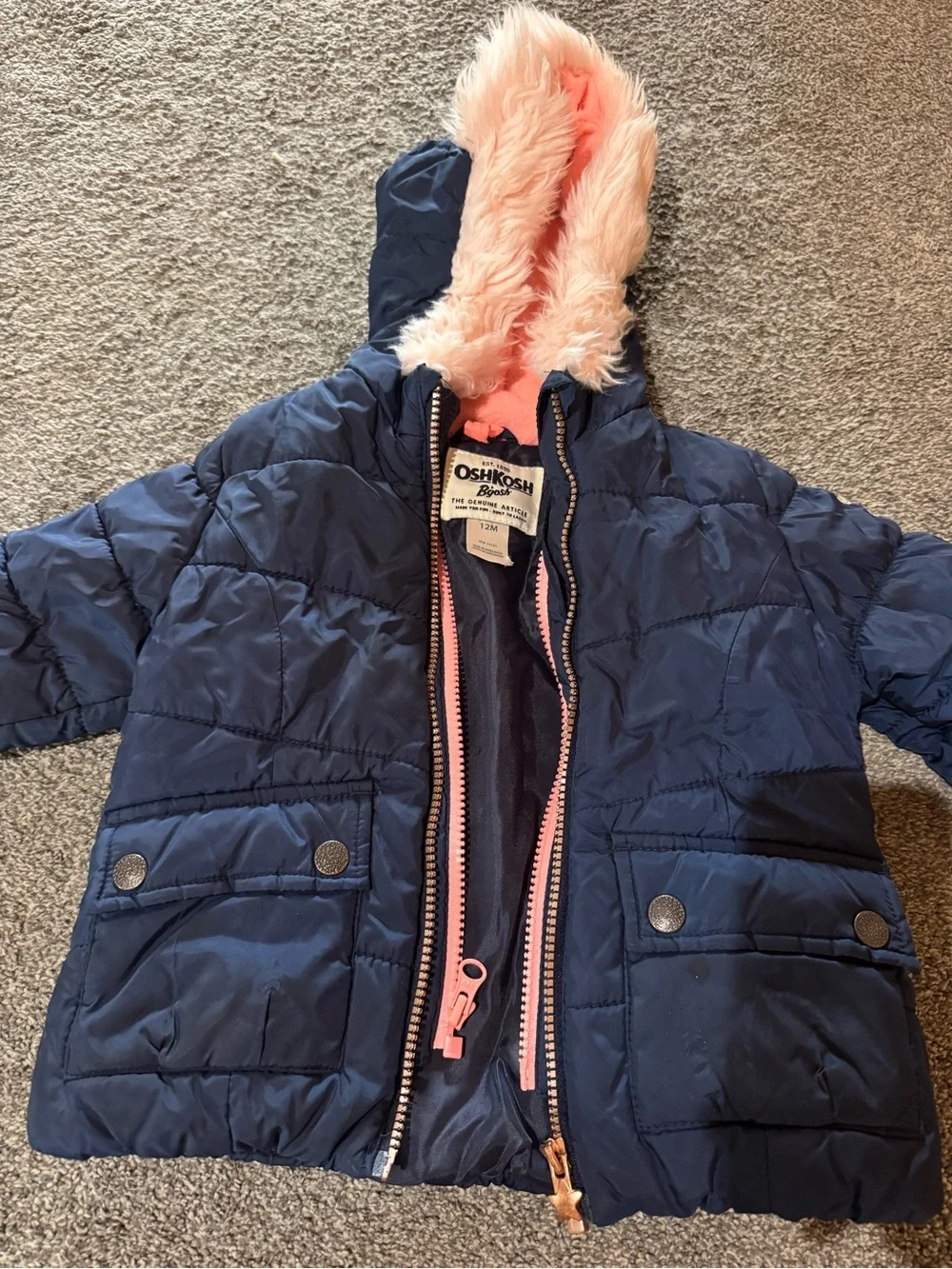 OshKosh B'gosh Navy Puffer Jacket with Pink Faux Fur Hood Trim